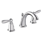 Chrome widespread bathroom faucet with two lever handles and curved spout.