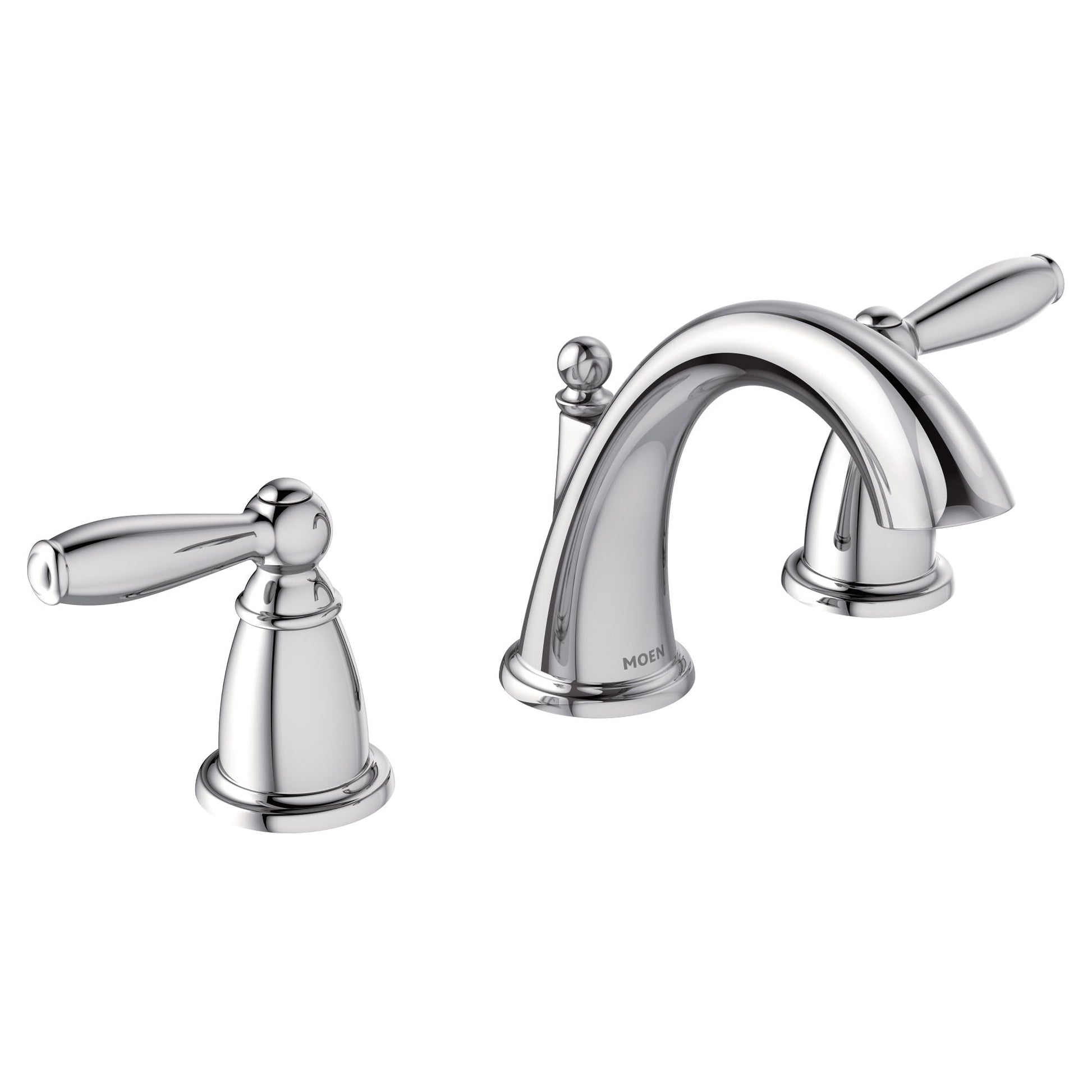 Chrome widespread bathroom faucet with two lever handles and curved spout.