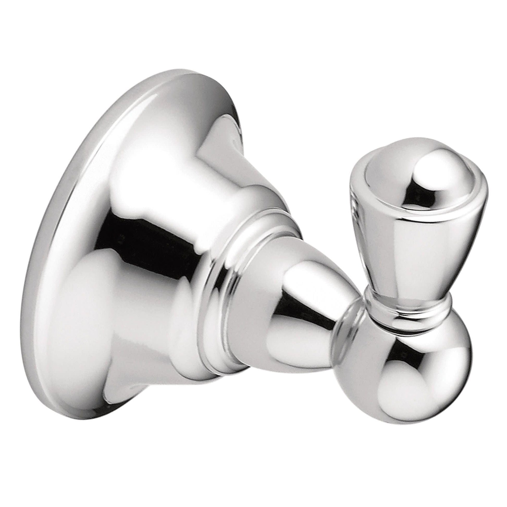 Chrome wall-mount robe hook with dual rounded pegs and circular mounting plate.