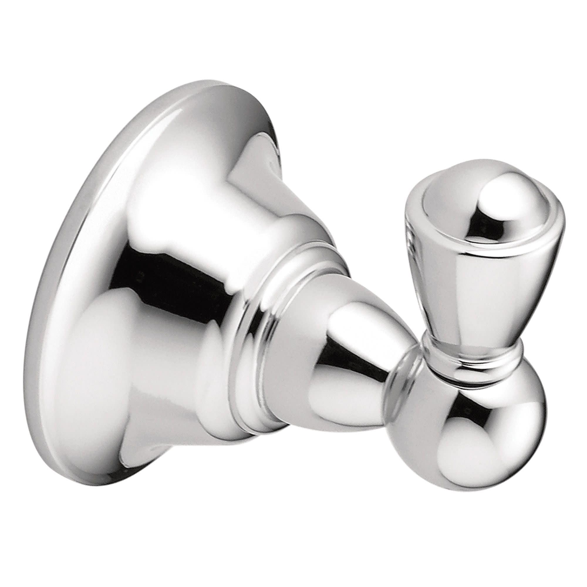 Chrome wall-mount robe hook with dual rounded pegs and circular mounting plate.