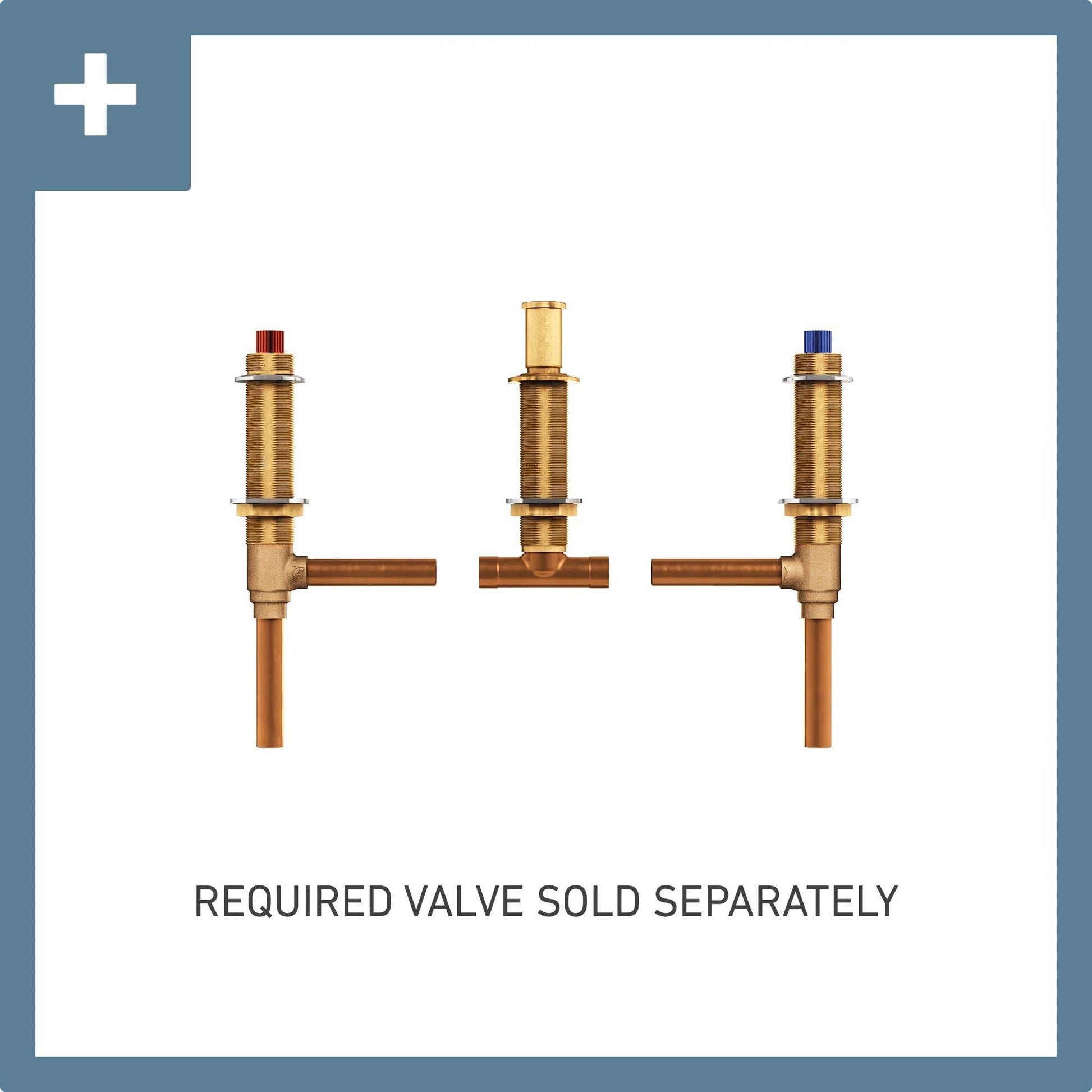 Brass deck mount Roman tub faucet trim kit with two handles and center spout, colored caps on valve stems.