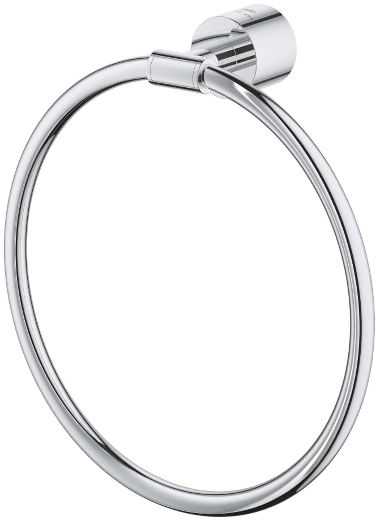 Chrome towel ring with circular loop and wall-mounted cylindrical bracket.