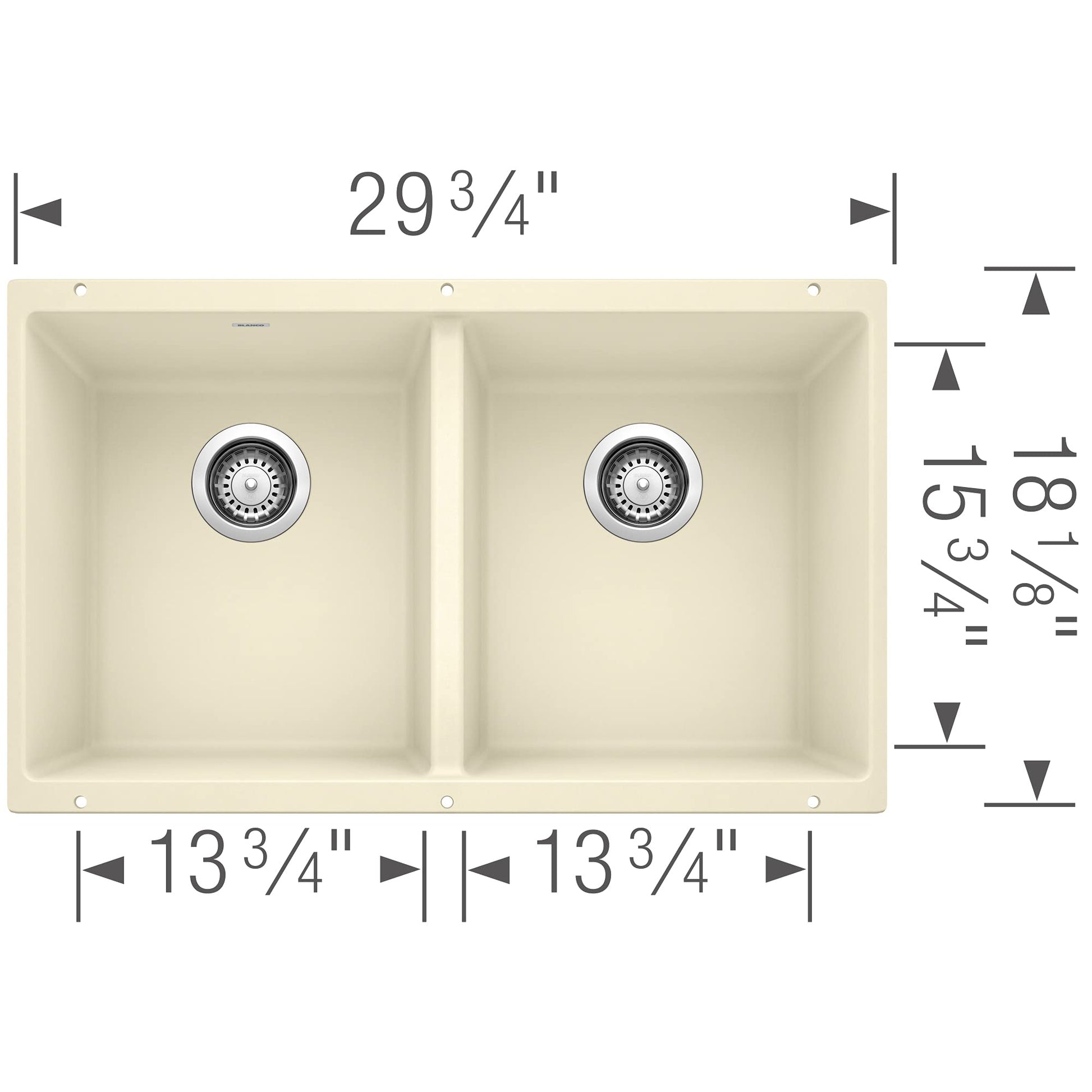 Biscuit-colored double bowl kitchen sink with two equal-sized basins, chrome drain strainers, and dimensions marked at 29¾" w