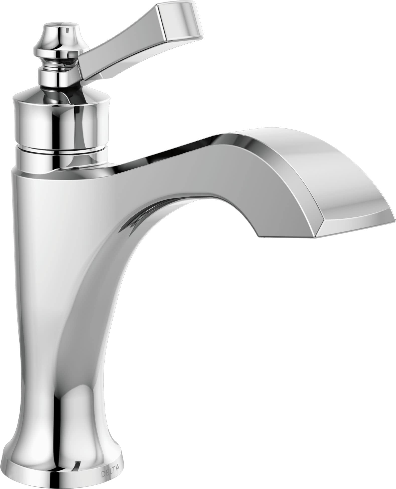 Chrome single-handle bathroom faucet with curved spout and lever handle control.