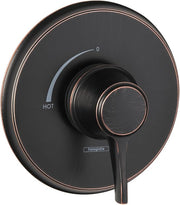 Round rubbed bronze pressure balance valve trim with single lever handle and temperature dial marked 0 to hot.