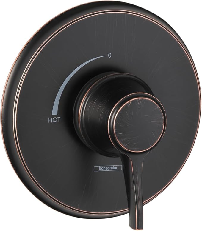 Round rubbed bronze pressure balance valve trim with single lever handle and temperature dial marked 0 to hot.