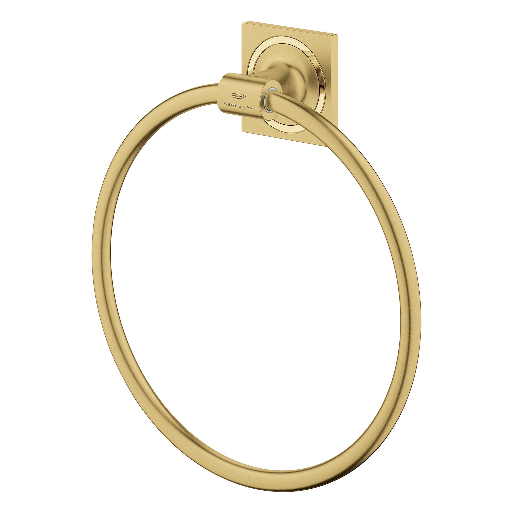 Brushed cool sunrise gold towel ring with square mounting plate and circular ring design.