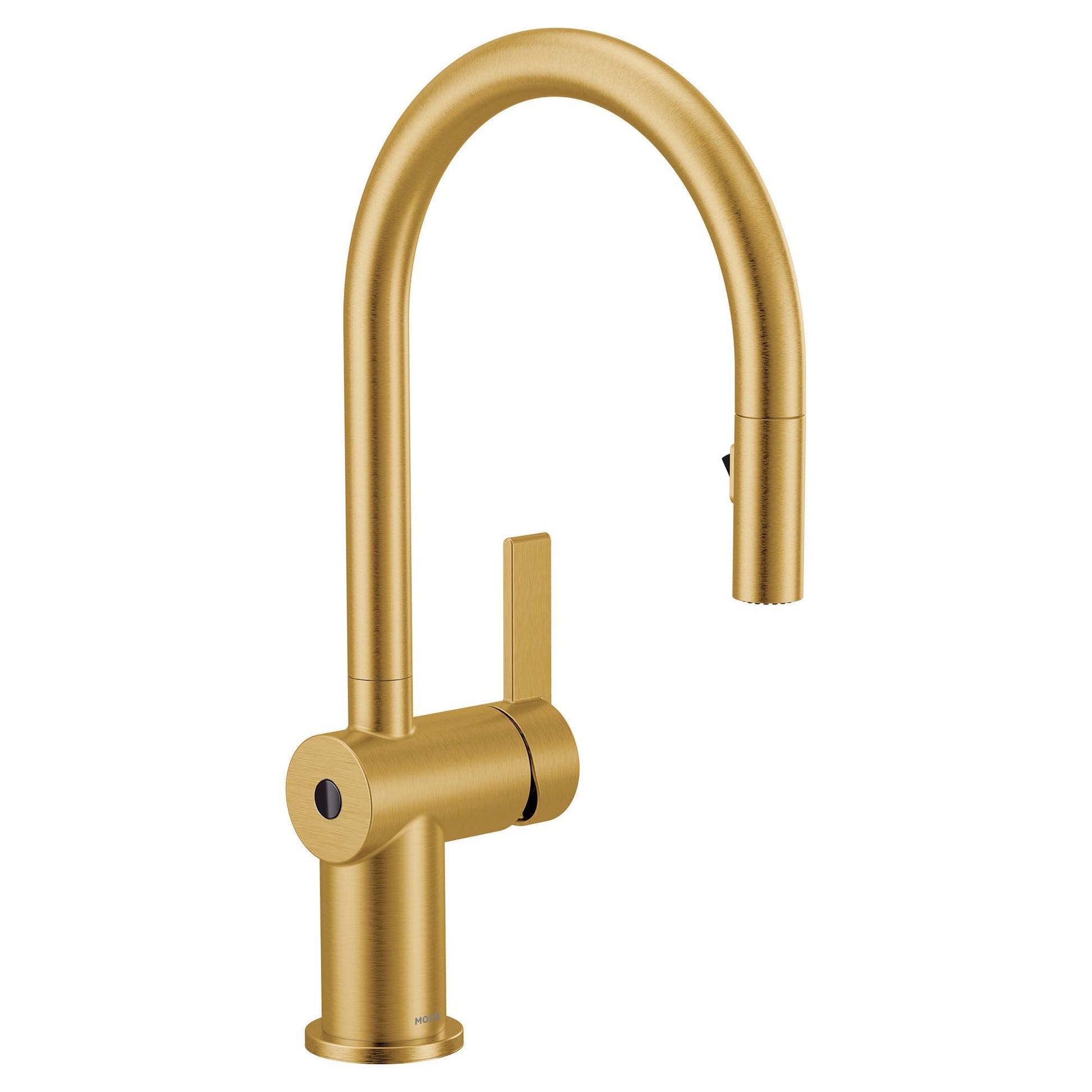 Brushed gold pulldown kitchen faucet with curved spout and single lever handle.