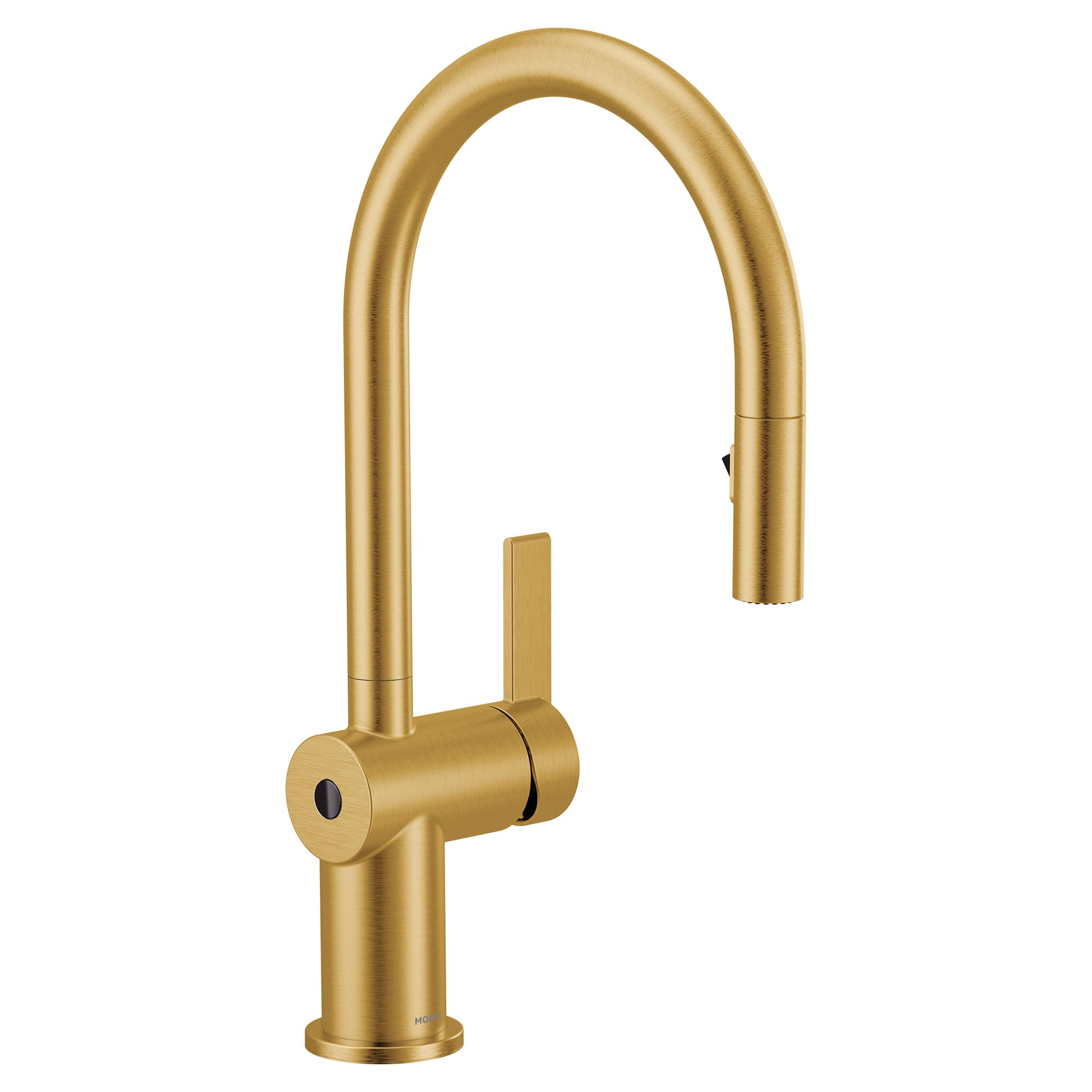 Brushed gold pulldown kitchen faucet with curved spout and single lever handle.