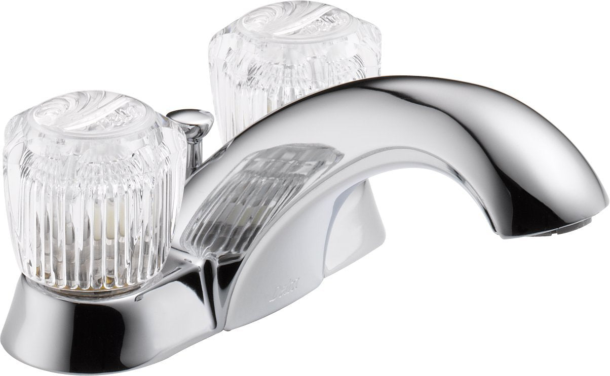 Chrome bathroom faucet with two clear ribbed handles and curved spout for centerset sink installation.