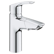 Chrome single-handle bathroom faucet with pull-out spray and curved spout.