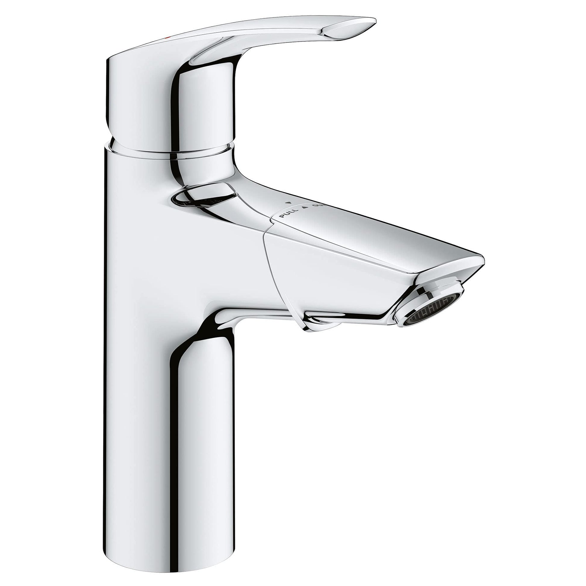 Chrome single-handle bathroom faucet with pull-out spray and curved spout.