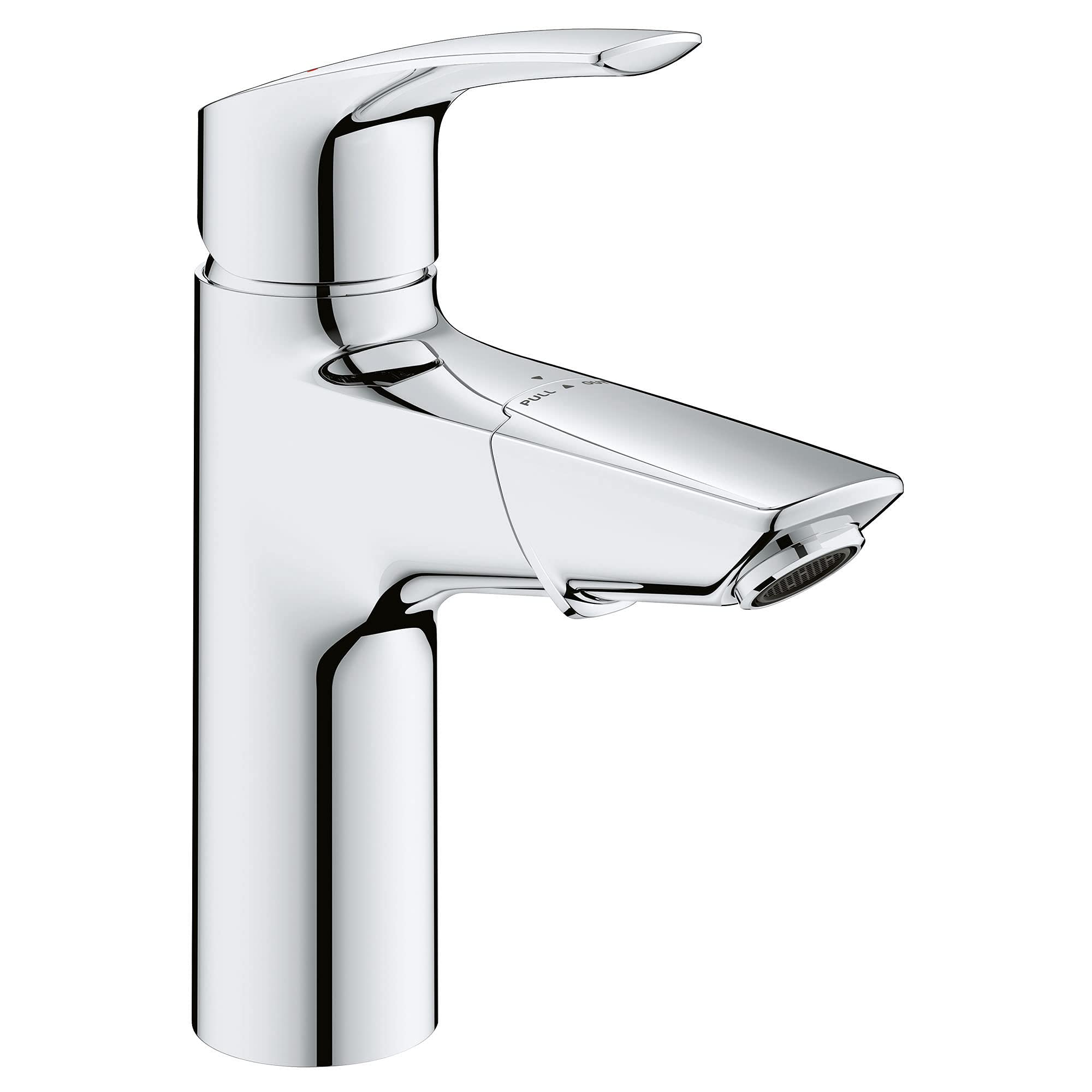 Chrome single-handle bathroom faucet with pull-out spray and curved spout.
