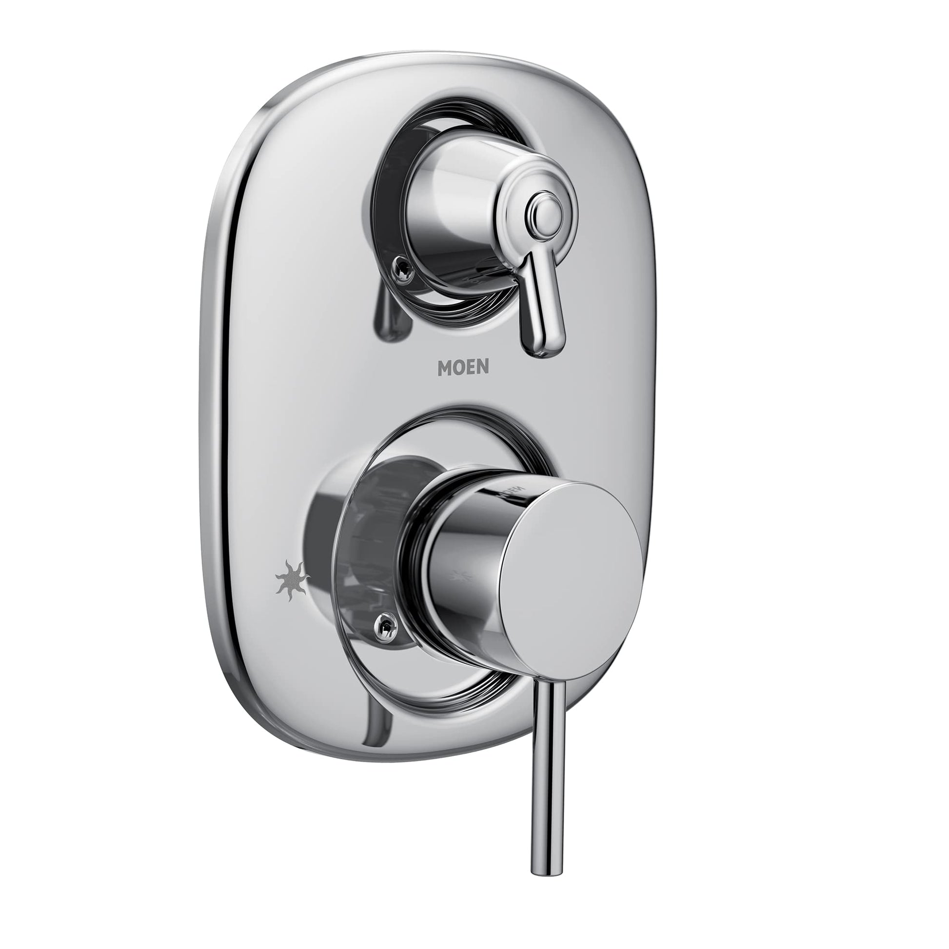 Chrome shower valve trim kit with upper lever handle diverter and lower round handle control on oval escutcheon plate.