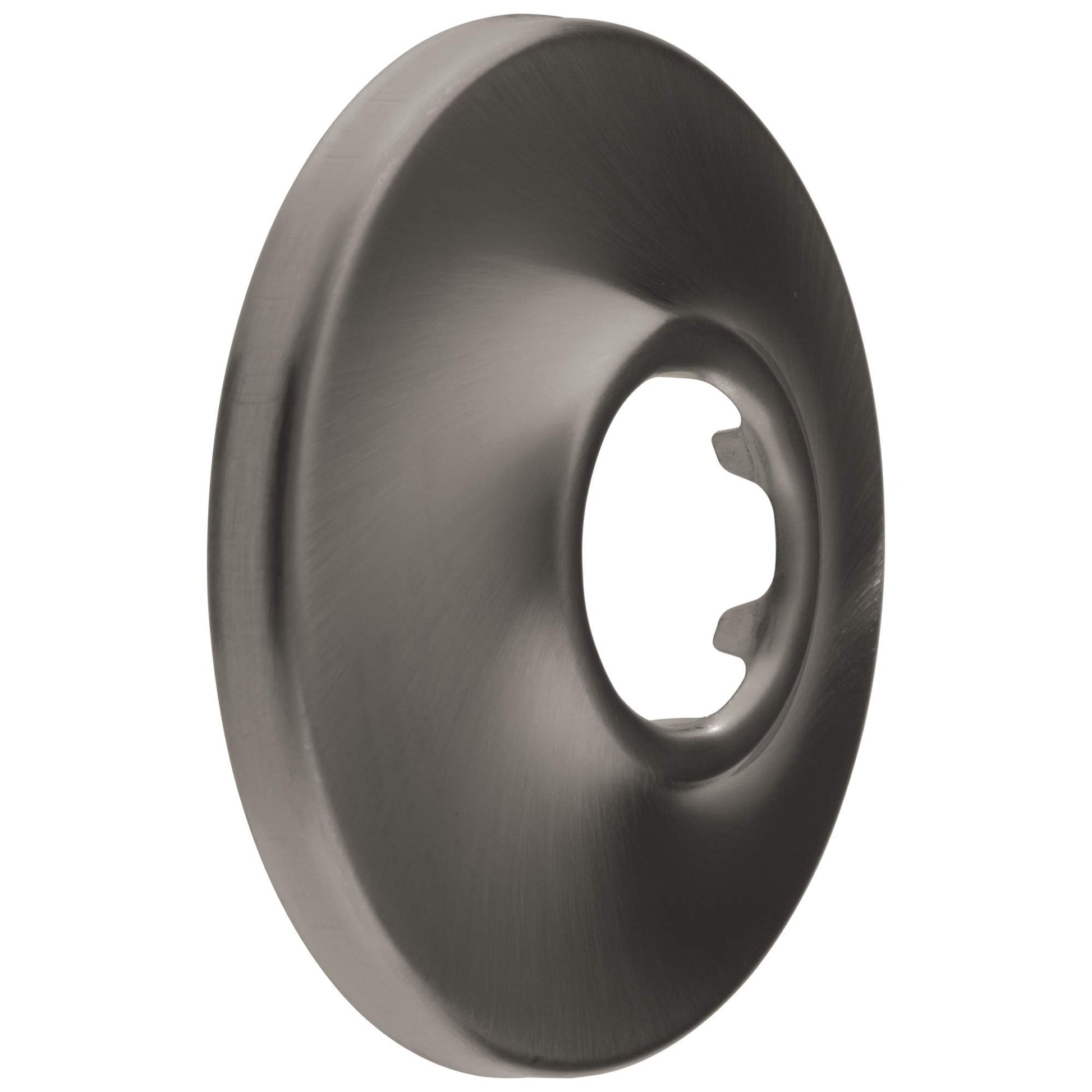 Round black stainless steel shower flange with center outlet opening.