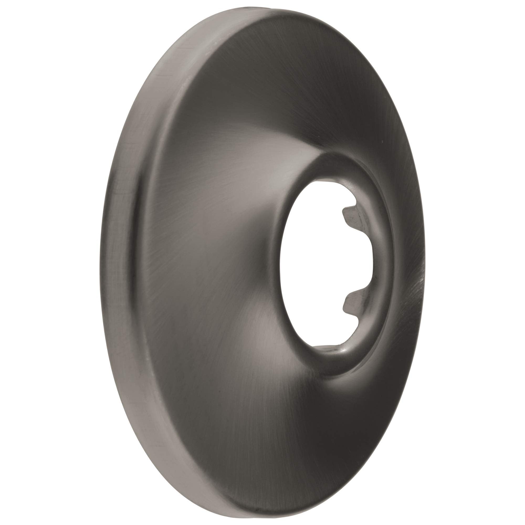 Round black stainless steel shower flange with center outlet opening.