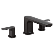 Moen Rizon matte black two-handle Roman tub faucet trim with squared handles and deck-mount spout.
