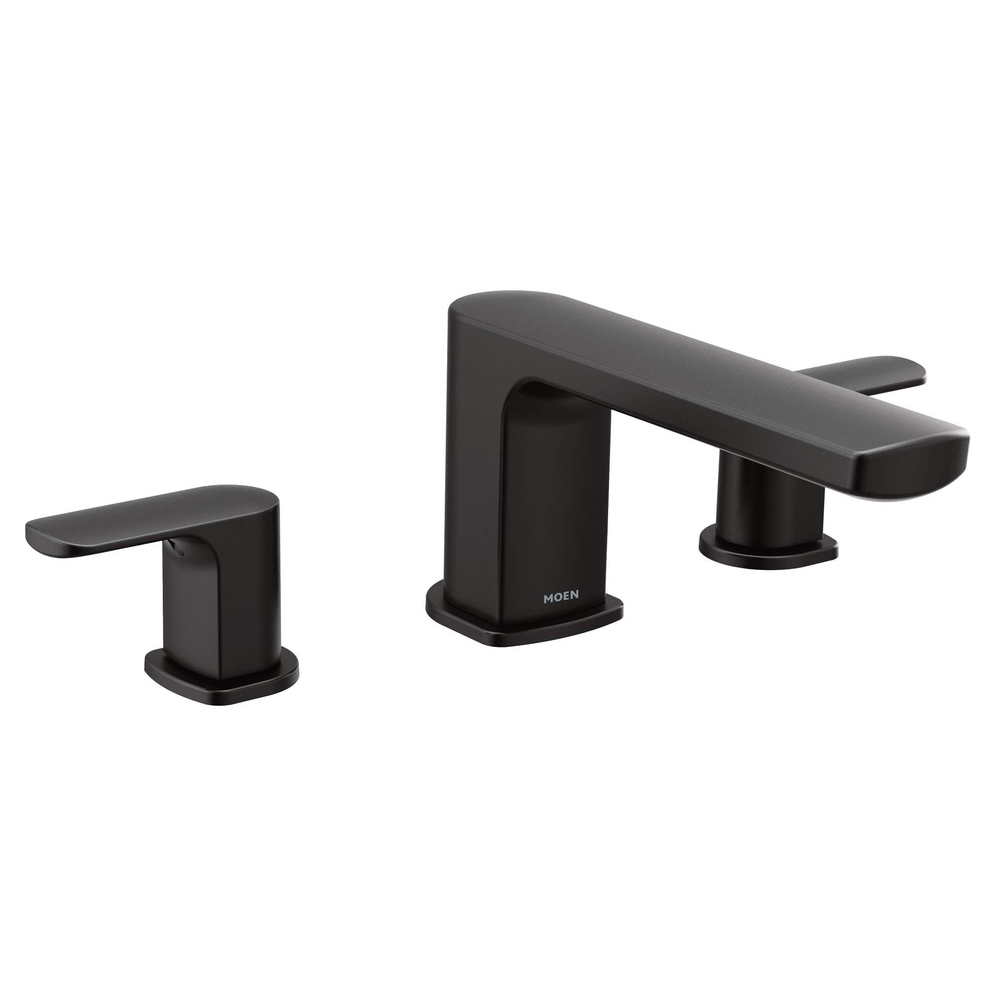 Moen Rizon matte black two-handle Roman tub faucet trim with squared handles and deck-mount spout.