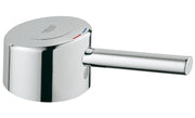 Chrome lever handle with cylindrical body and rounded cap featuring Grohe branding and temperature indicators.