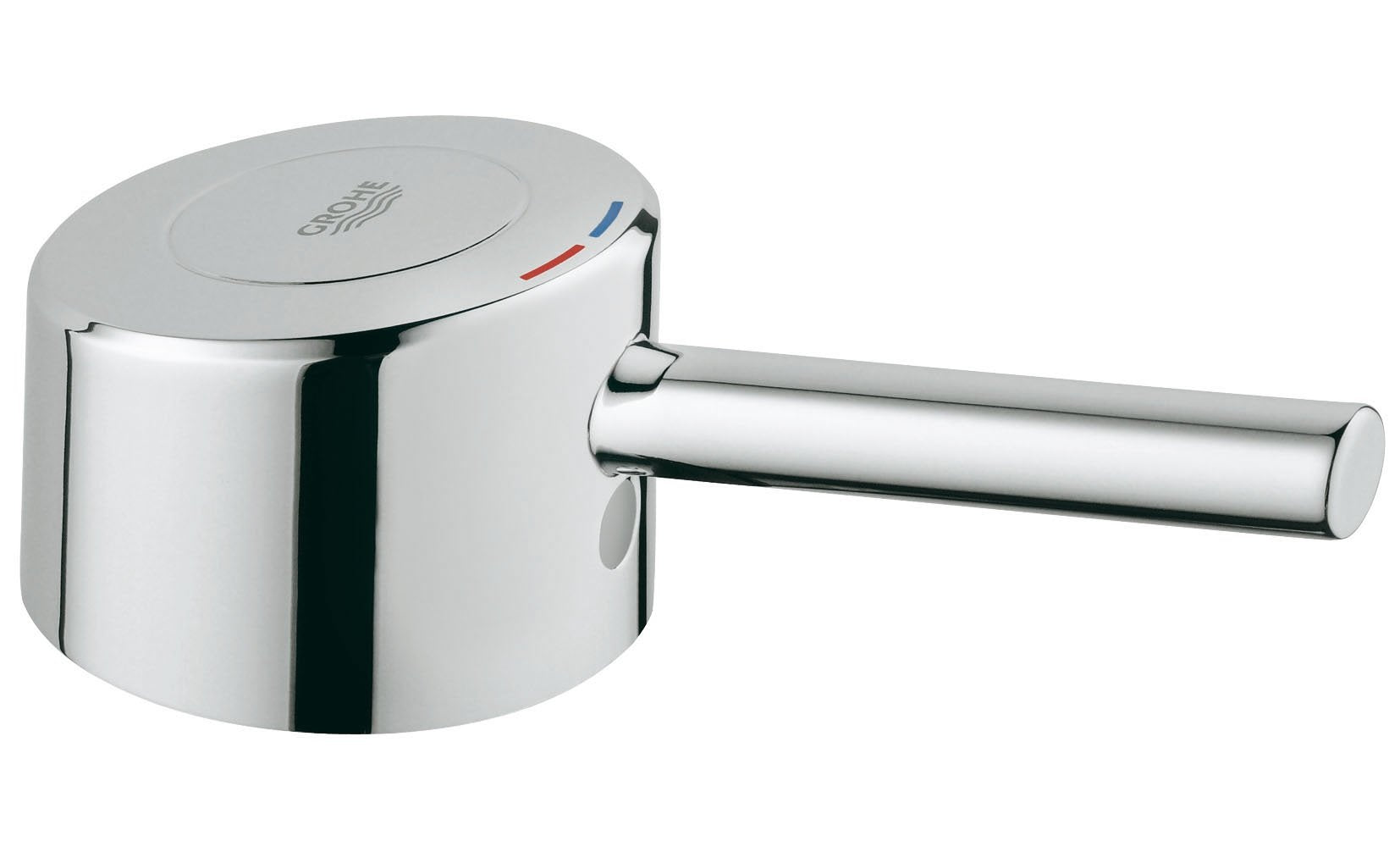Chrome lever handle with cylindrical body and rounded cap featuring Grohe branding and temperature indicators.
