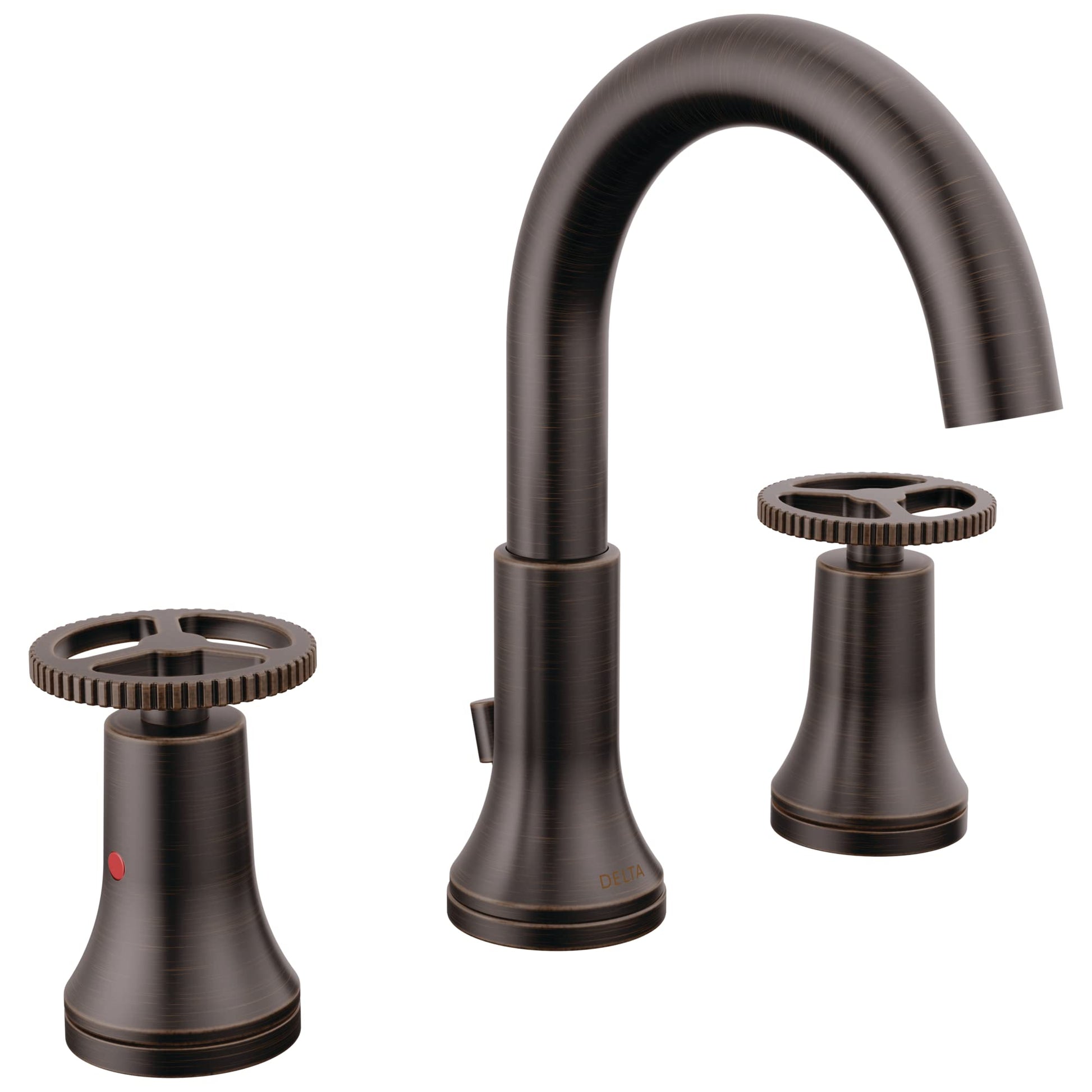 Three-piece bathroom faucet in brushed bronze with arched spout and wheel handles on cone-shaped bases.