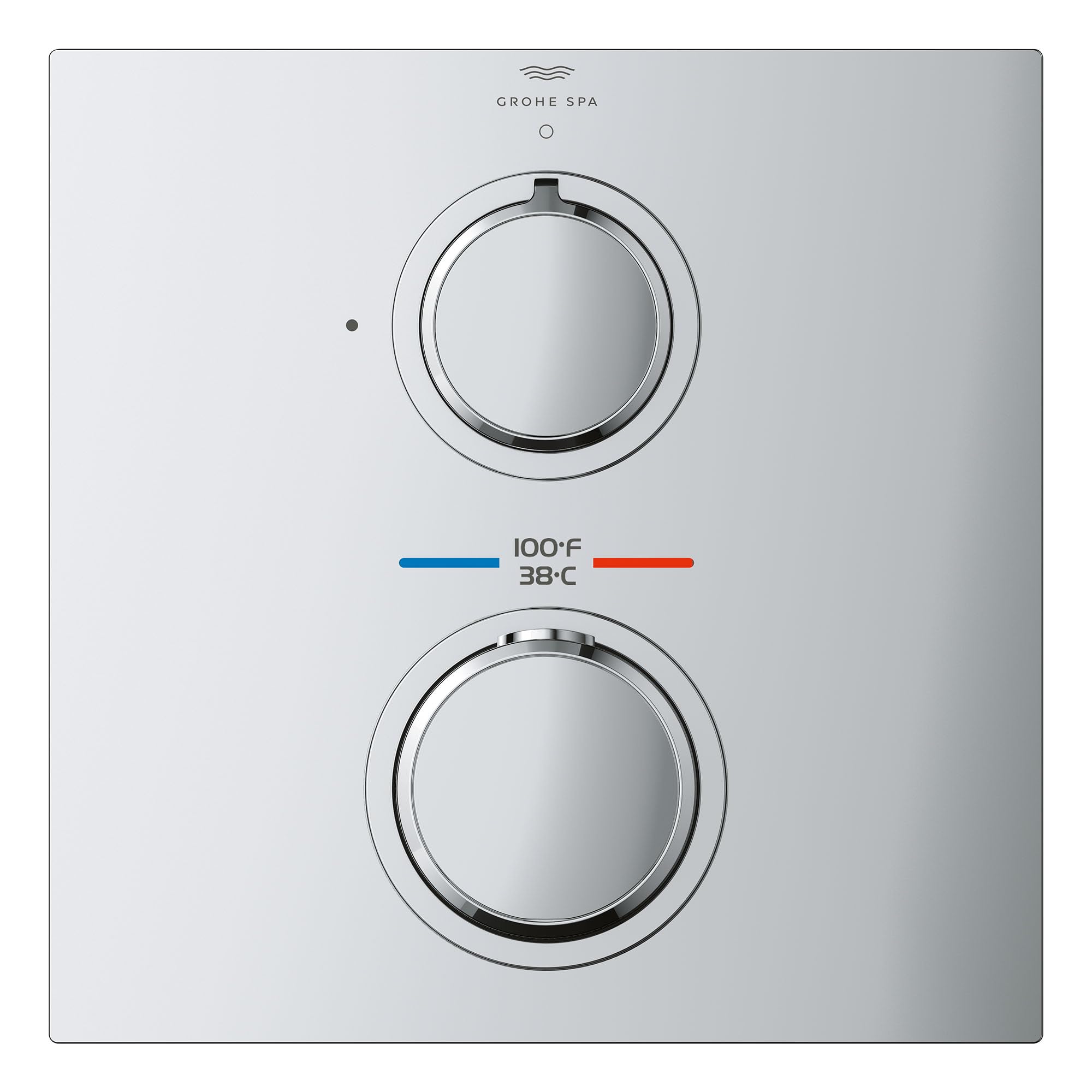 Grohe Allure thermostatic valve trim with two circular handles and temperature indicator showing 100°F/38°C in brushed finish