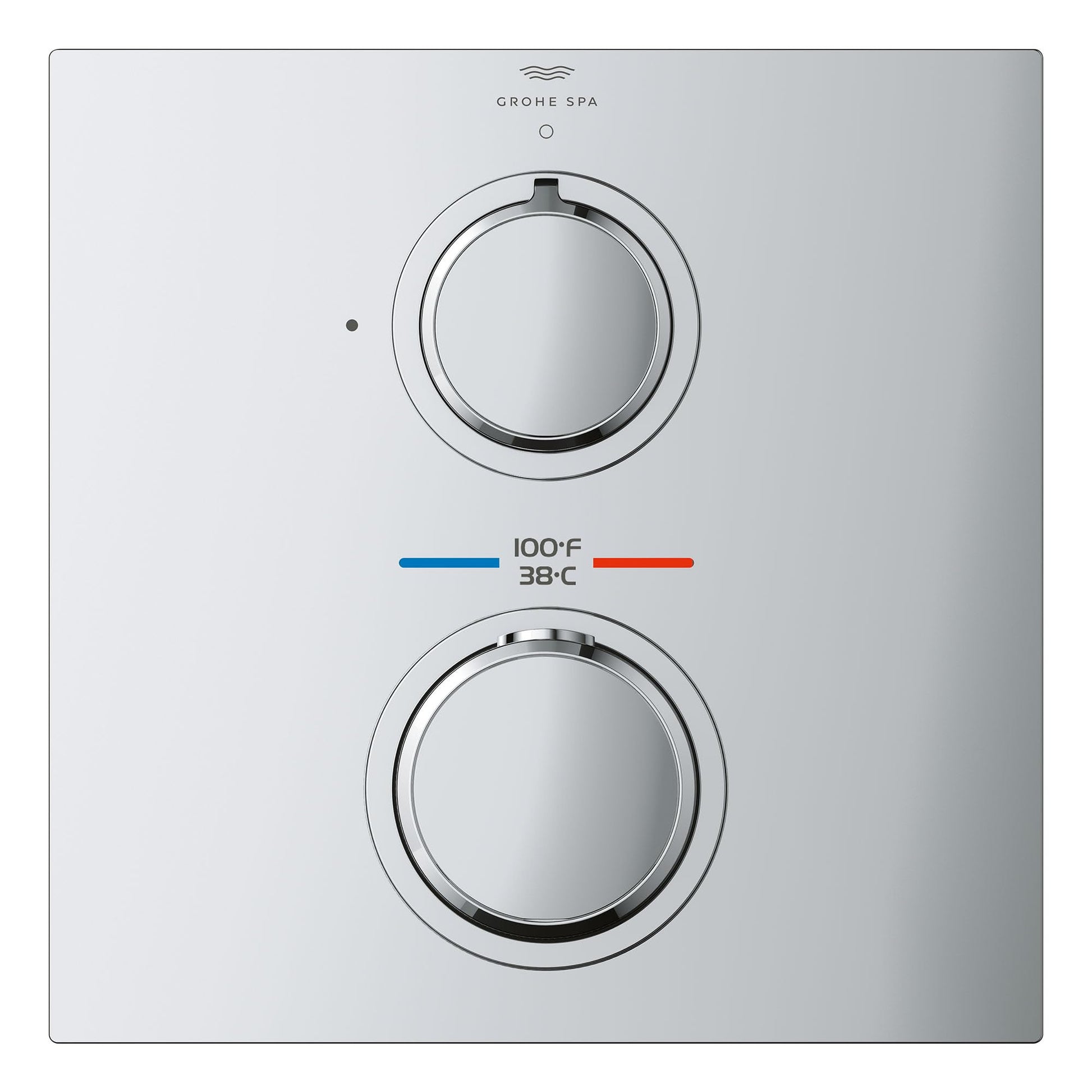 Chrome thermostatic valve trim with two round handles and temperature display showing 100°F and 38°C.
