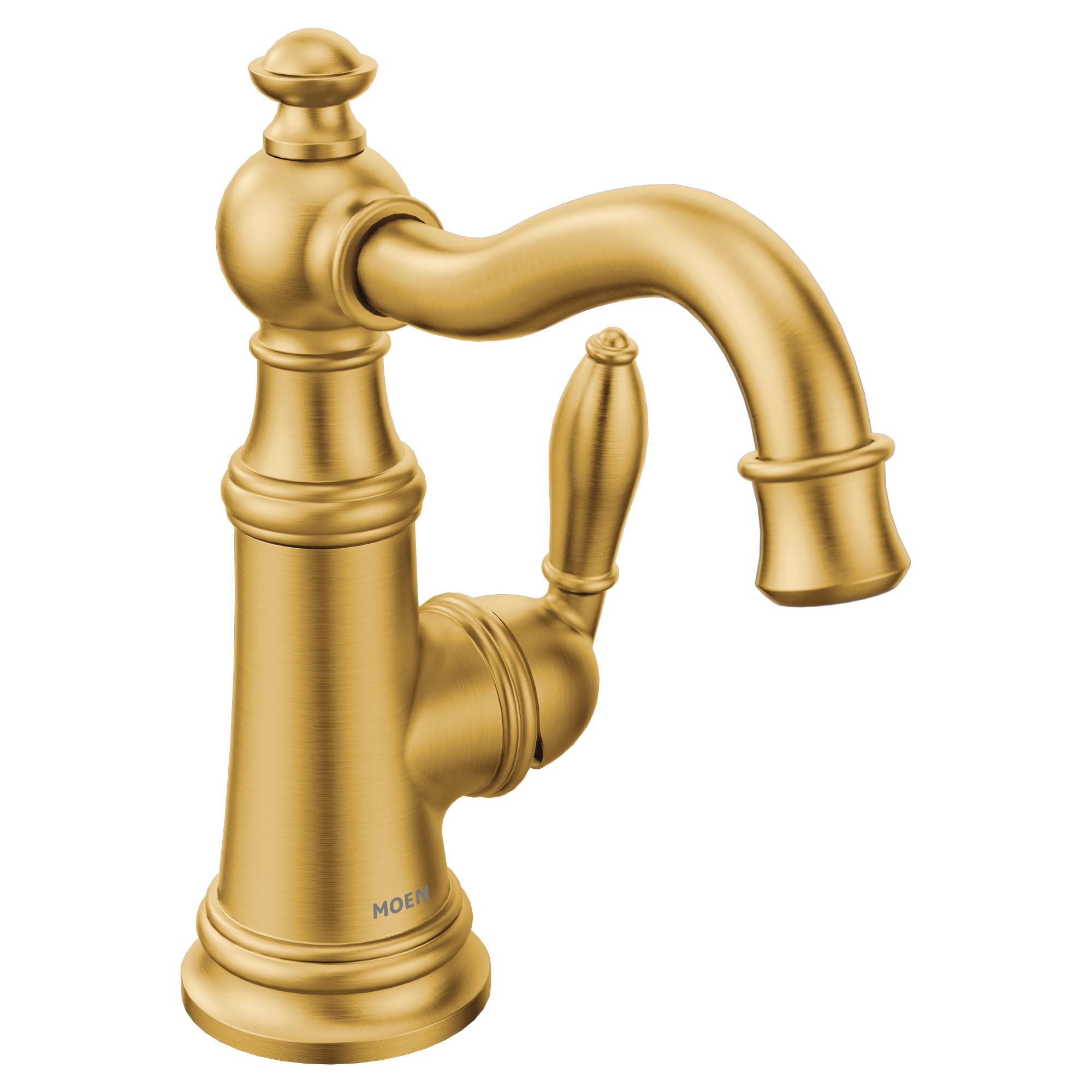Brushed gold single-handle bathroom sink faucet with curved spout and traditional ball-shaped knob on cylindrical base.