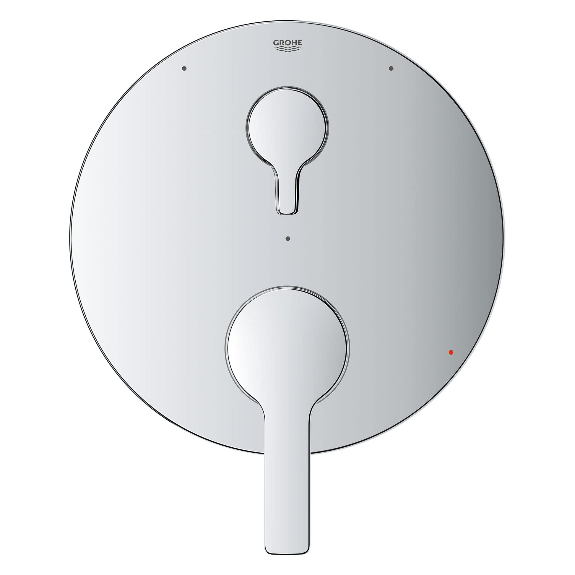 Chrome circular valve trim with two control handles and diverter outlet, Grohe Lineare design.