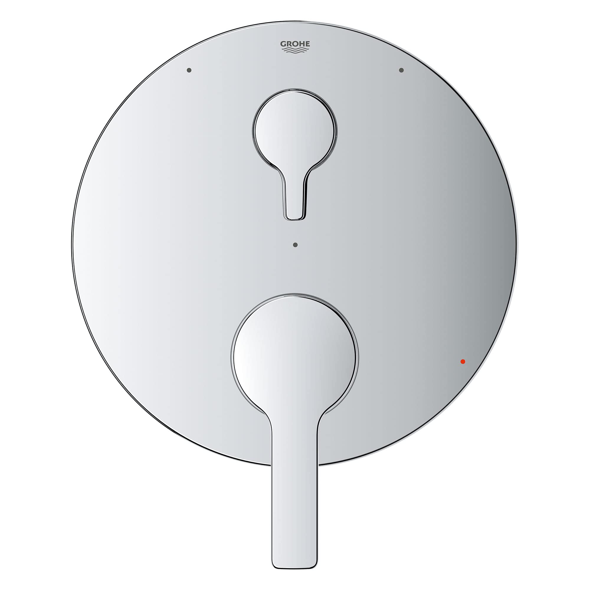 Chrome circular valve trim with two control handles and diverter outlet, Grohe Lineare design.