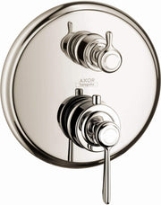 Polished nickel circular thermostatic shower trim with two lever handles for temperature control and water diversion.