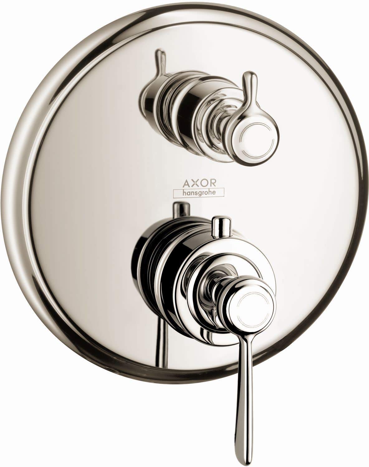 Polished nickel circular thermostatic shower trim with two lever handles for temperature control and water diversion.