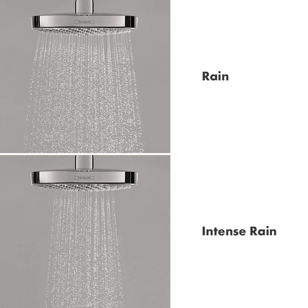 Brushed nickel round shower head with two spray settings: fine rain pattern and intense rain pattern.