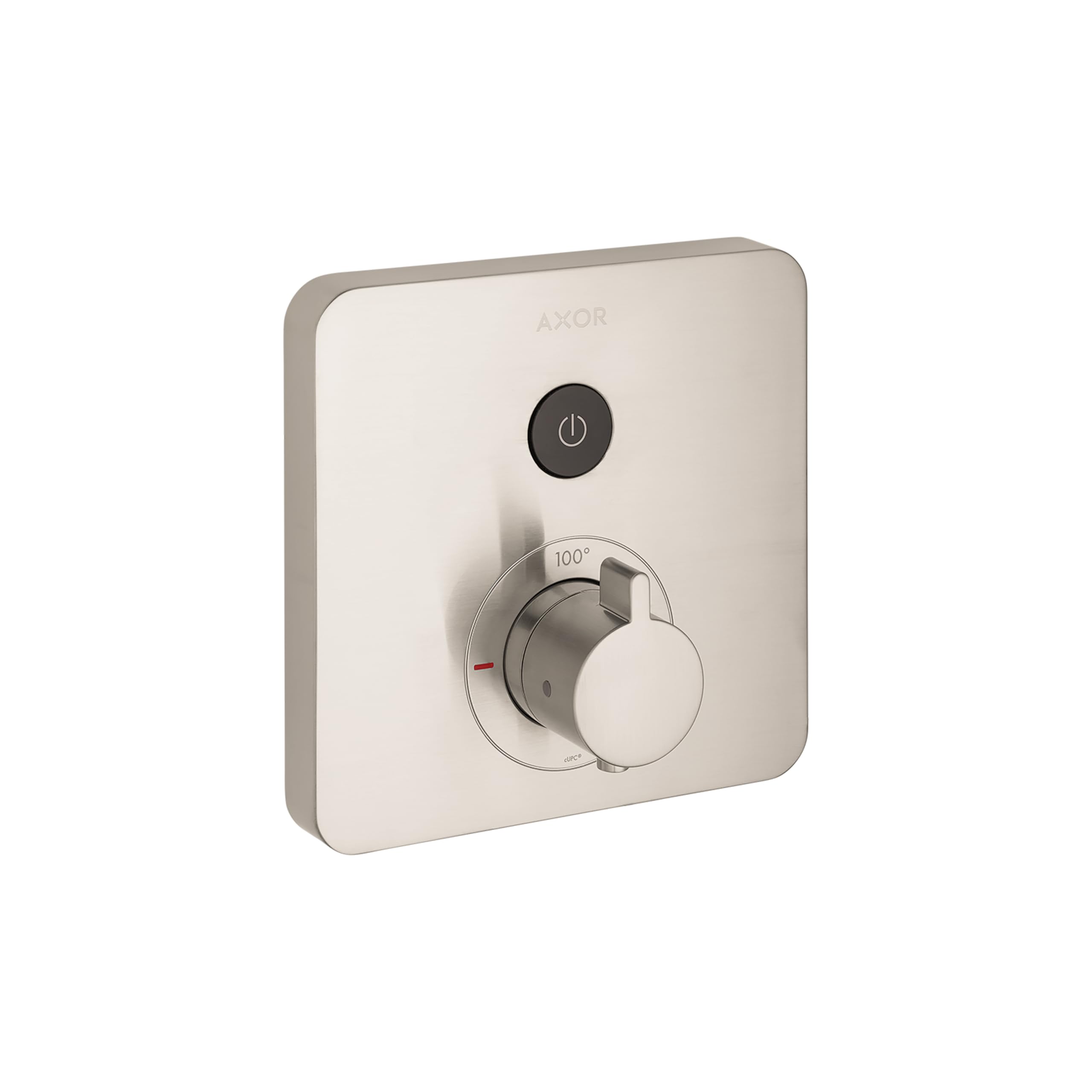 Brushed nickel square shower valve trim with power button and temperature dial control marked to 100 degrees.