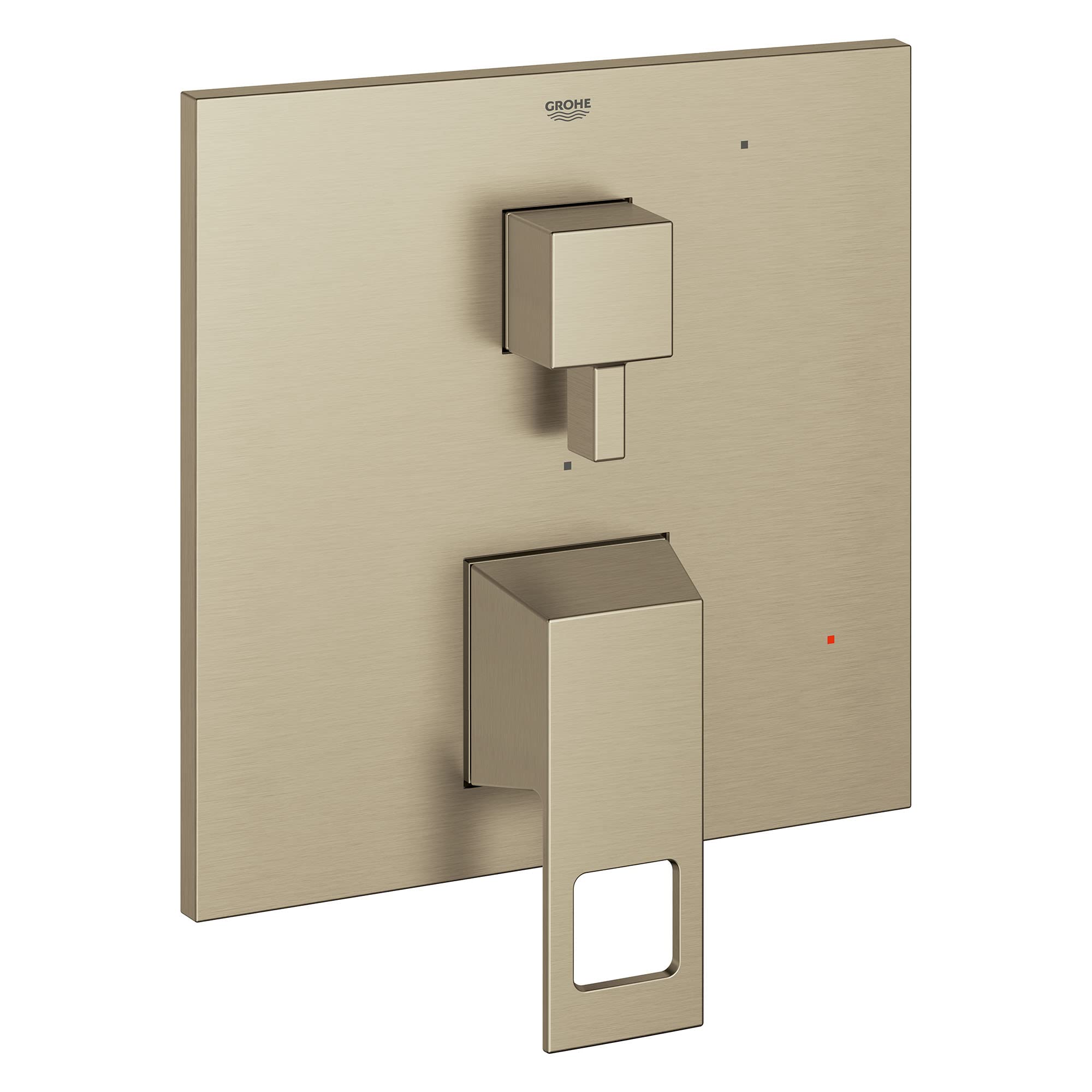 Grohe Eurocube brushed nickel pressure balance valve trim with square handles and 2-way diverter control.