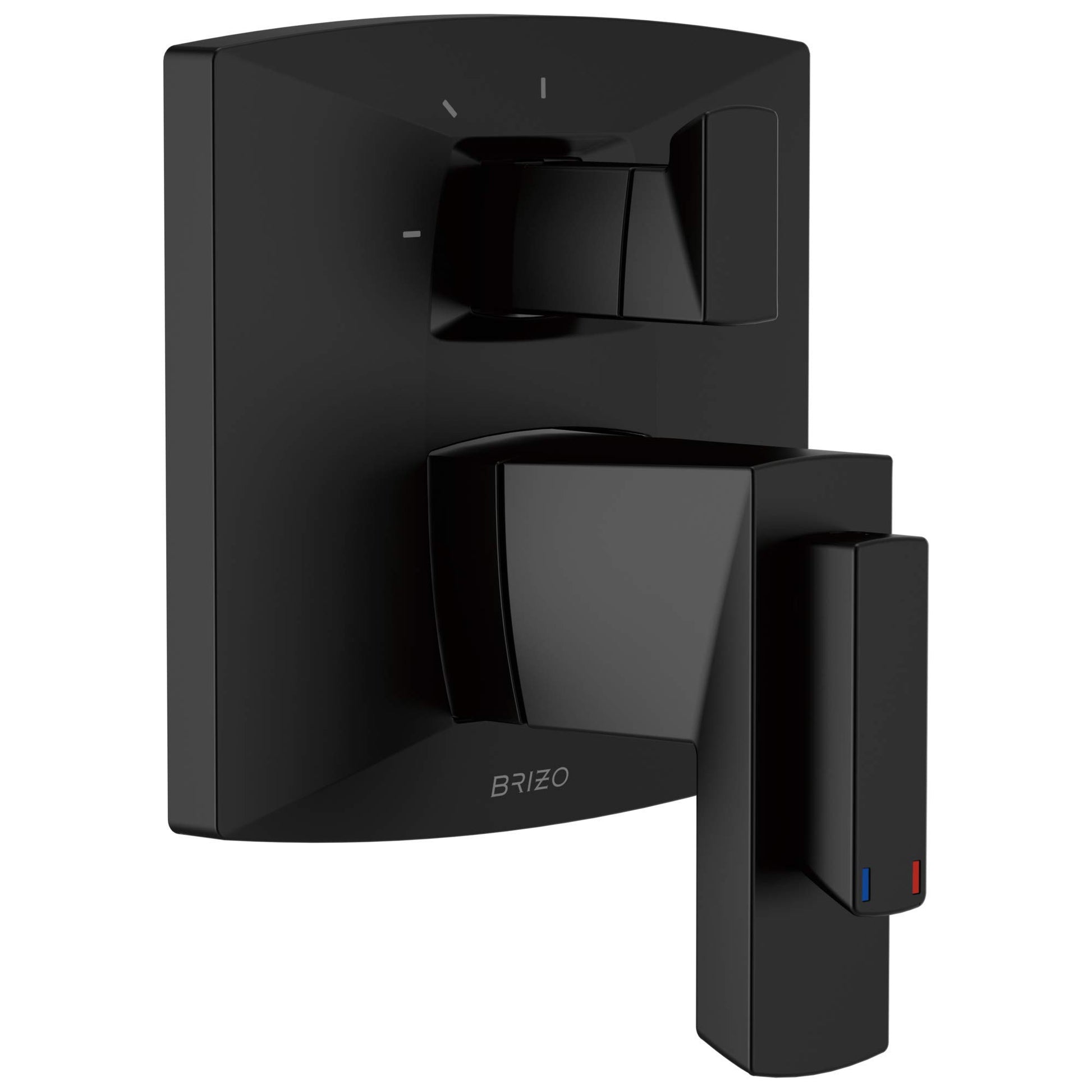 Black thermostatic valve trim with curved rectangular plate, lever handle, and temperature indicator markings.