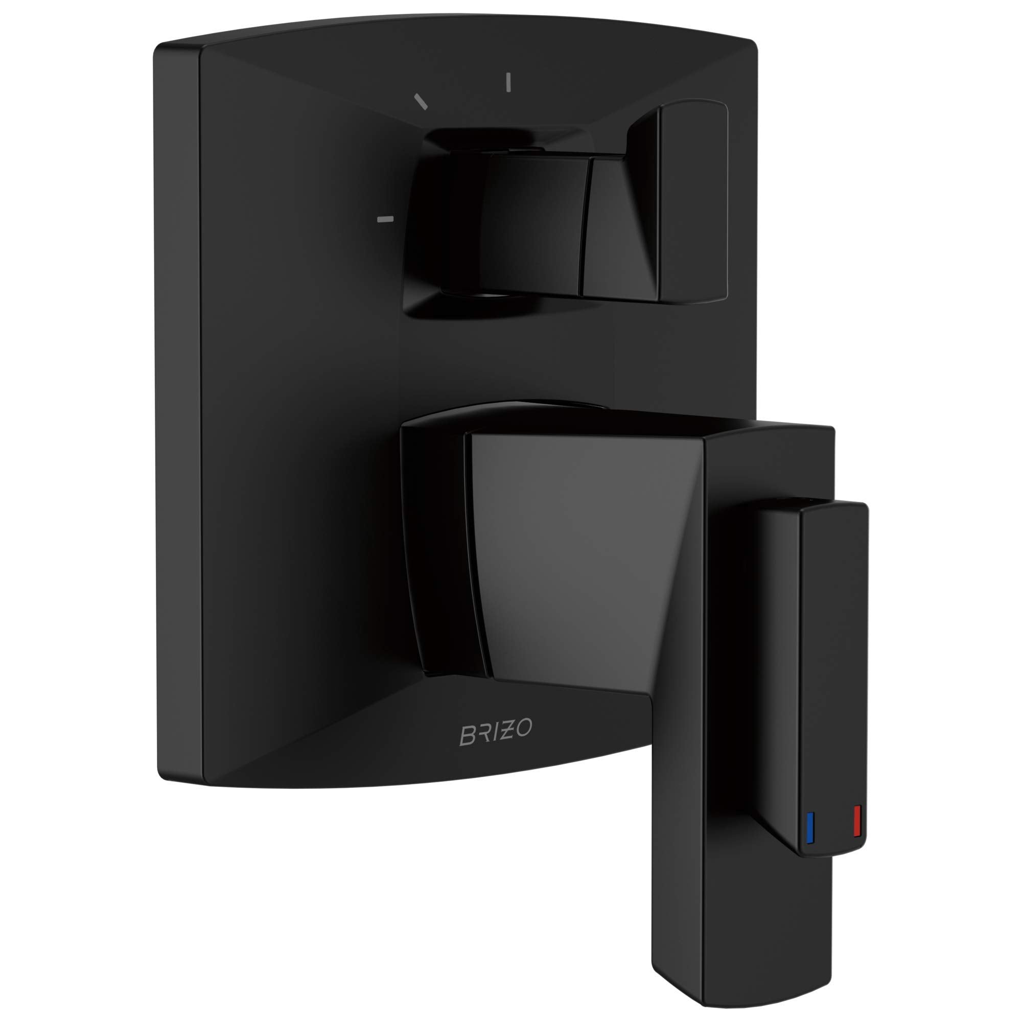 Black thermostatic valve trim with curved rectangular plate, lever handle, and temperature indicator markings.