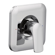 Chrome and white single-handle shower valve trim with rounded rectangular escutcheon plate and lever handle.