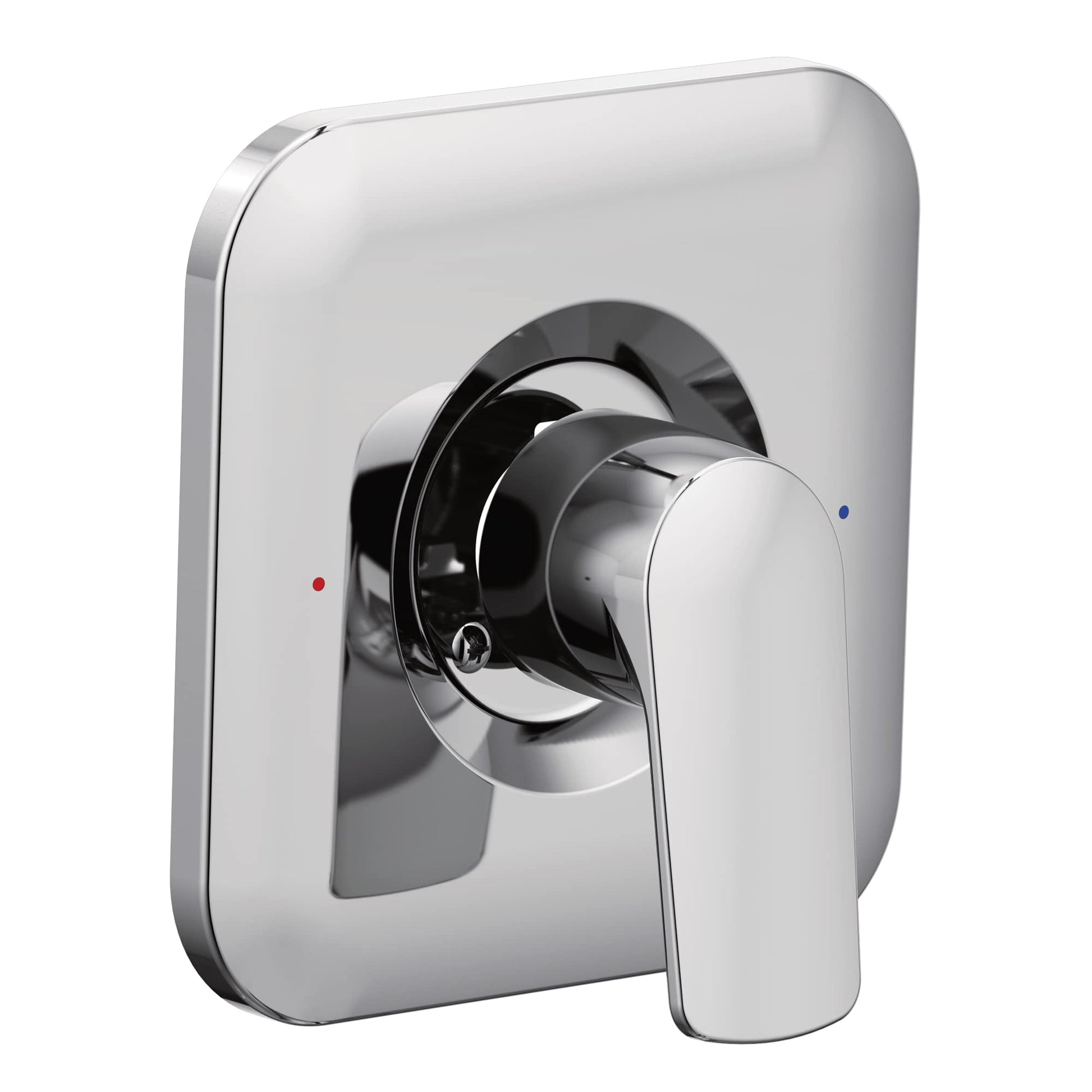 Chrome and white single-handle shower valve trim with rounded rectangular escutcheon plate and lever handle.