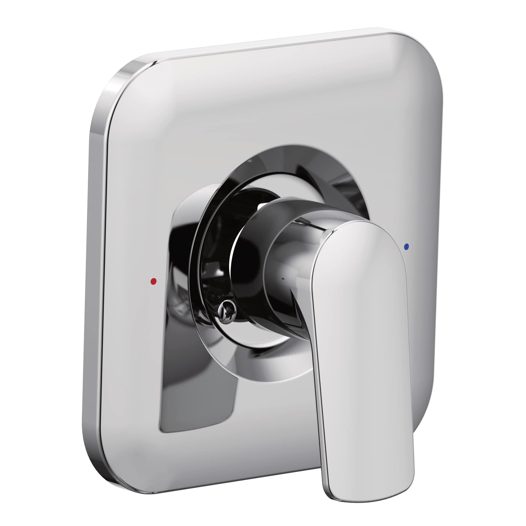 Chrome and white single-handle shower valve trim with rounded rectangular escutcheon plate and lever handle.