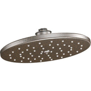 Oil-rubbed bronze rainshower showerhead with wide oval face and multiple spray holes.