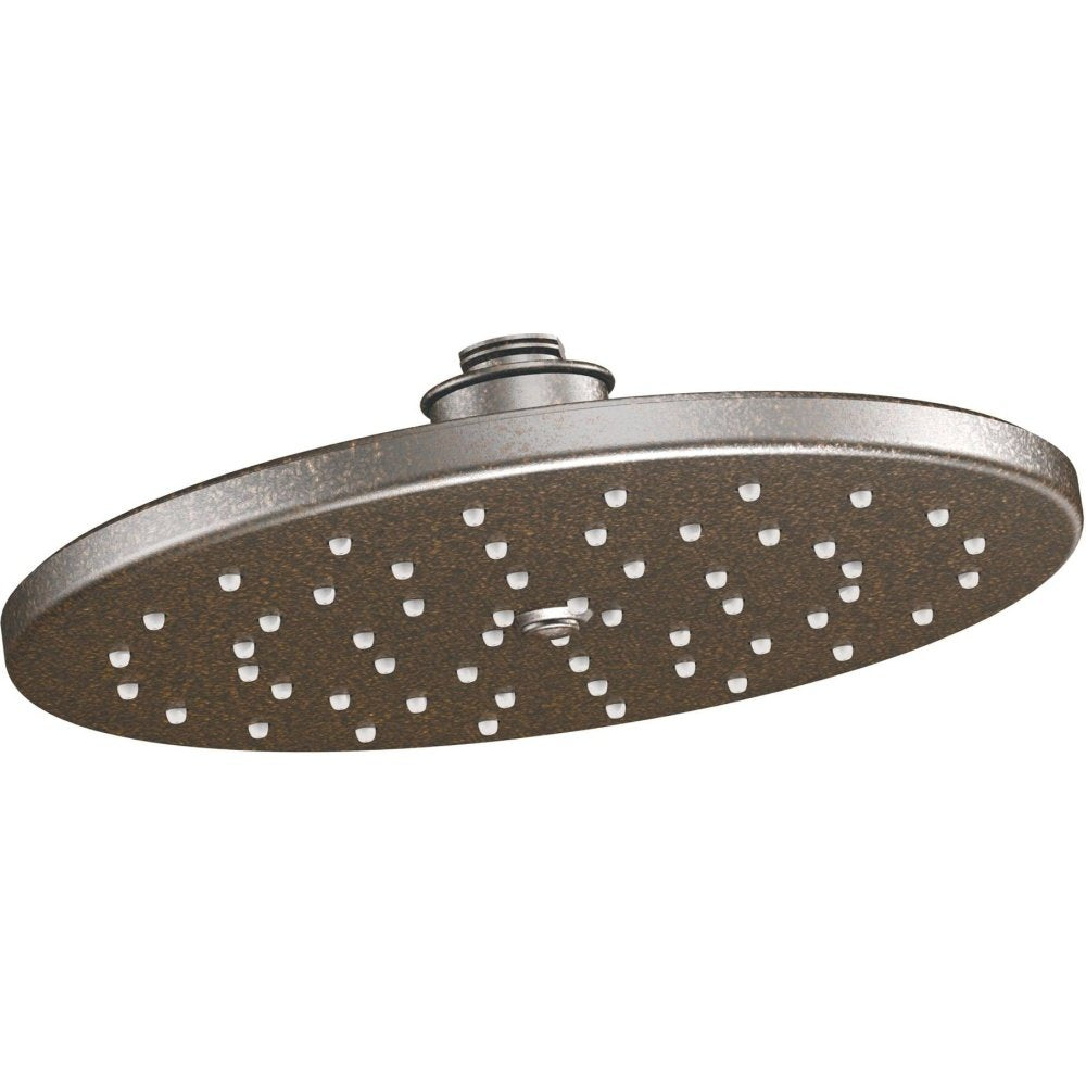 Oil-rubbed bronze rainshower showerhead with wide oval face and multiple spray holes.