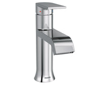 Chrome single-handle bathroom faucet with curved spout and lever handle on cylindrical base.