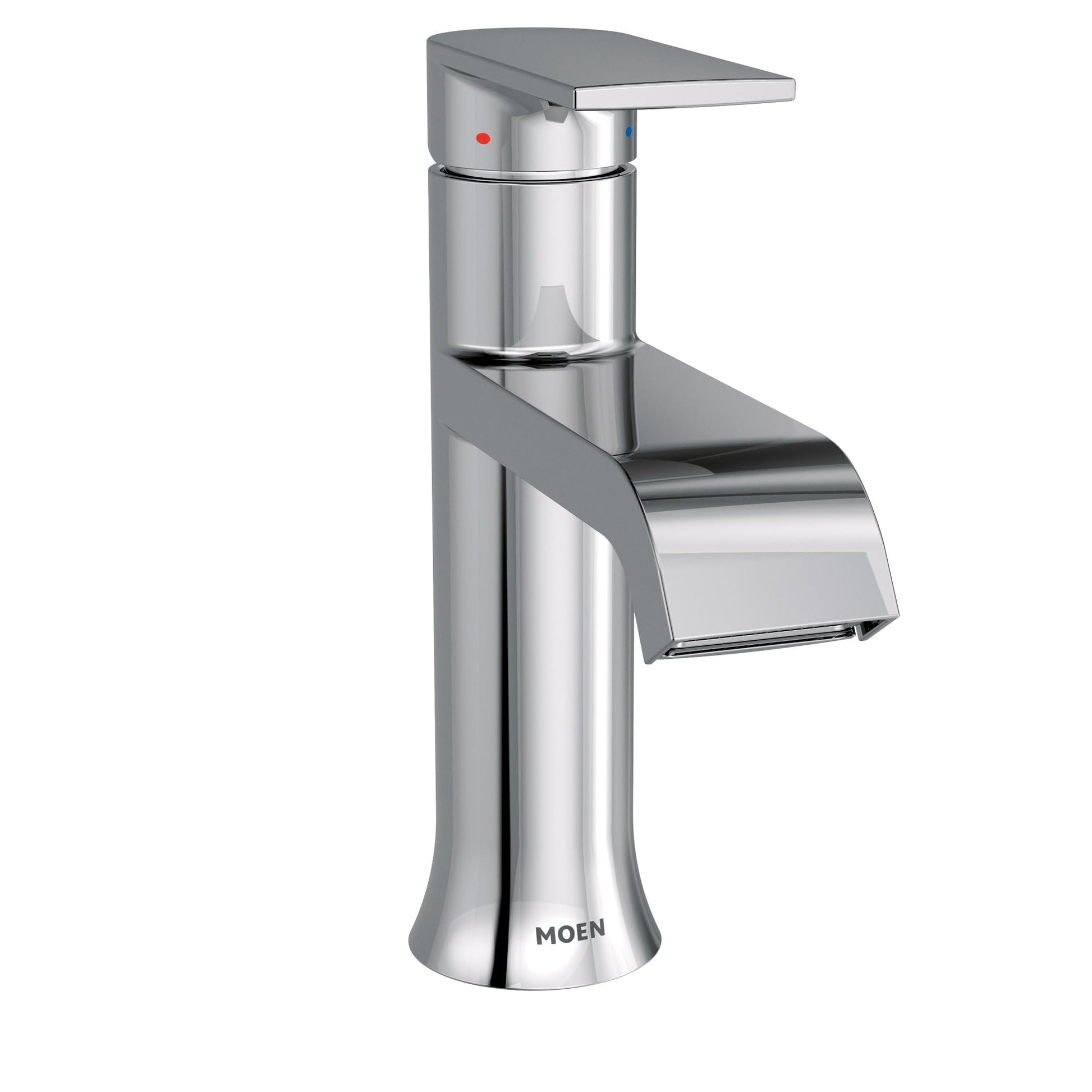 Chrome single-handle bathroom faucet with curved spout and lever handle on cylindrical base.