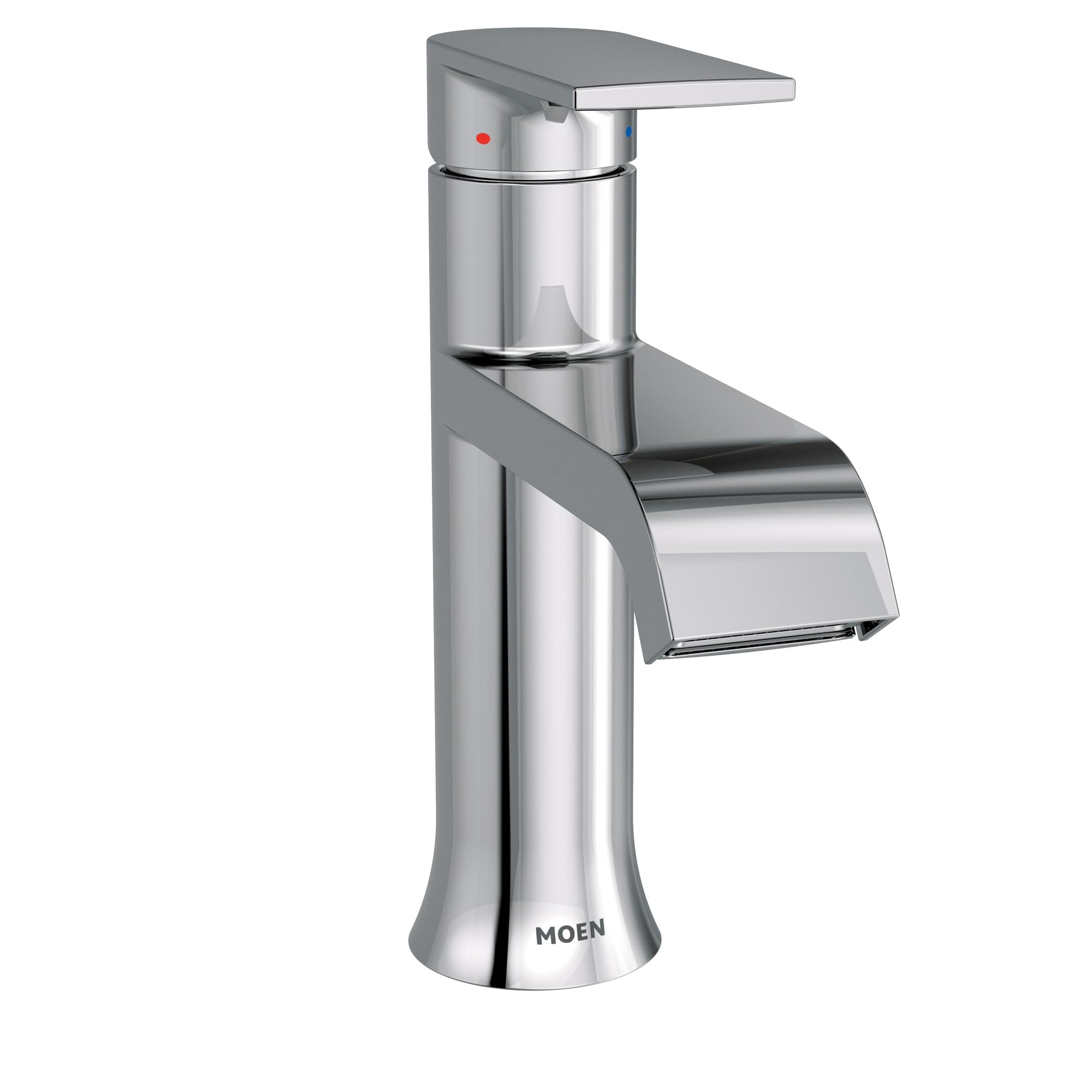 Chrome single-handle bathroom faucet with curved spout and lever handle on cylindrical base.