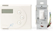 White Panasonic AirCycler thermostat with digital display and three buttons next to FanConnect wall switch with ON/AUTO contr