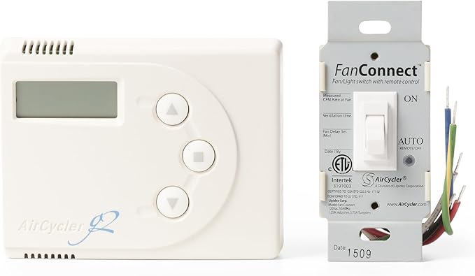 White Panasonic AirCycler thermostat with digital display and three buttons next to FanConnect wall switch with ON/AUTO contr