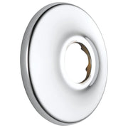 Round chrome shower flange with central opening and recessed rim design.