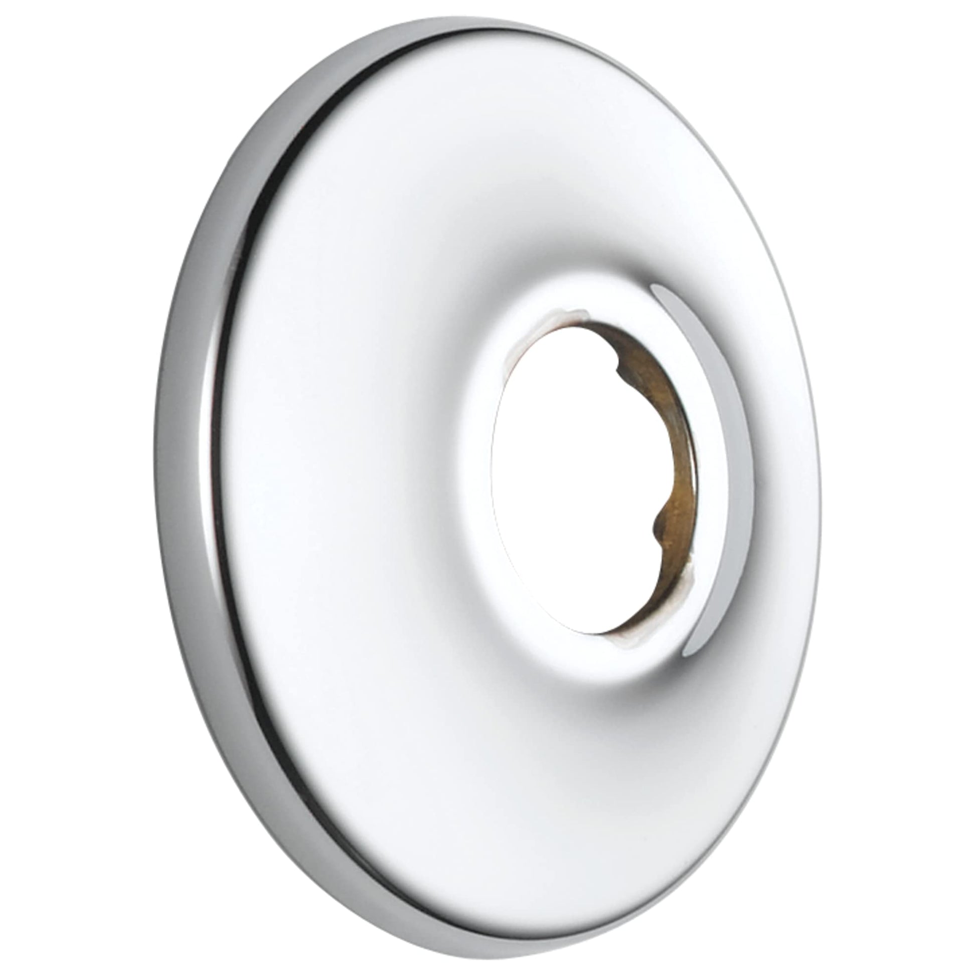 Round chrome shower flange with central opening and recessed rim design.