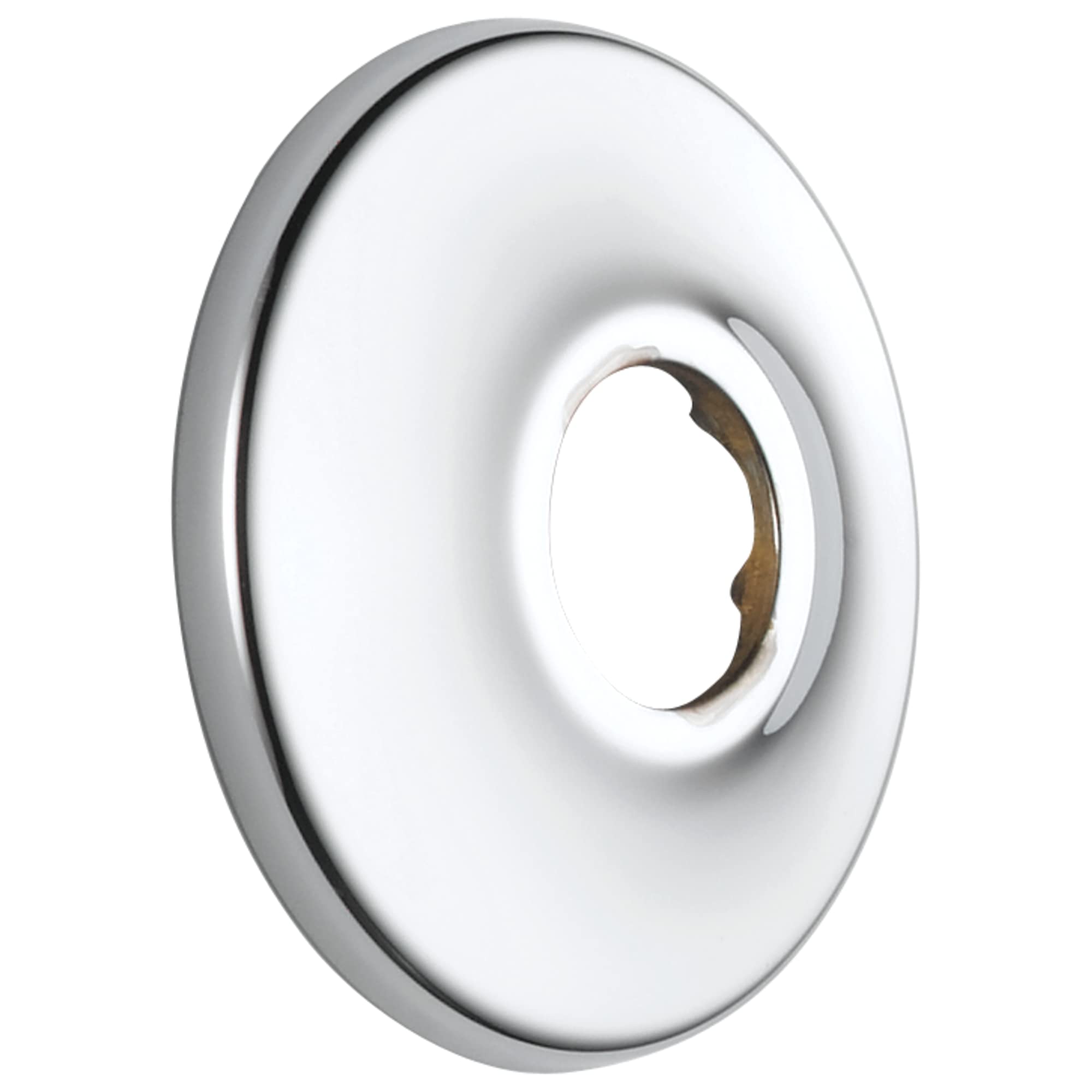 Round chrome shower flange with central opening and recessed rim design.